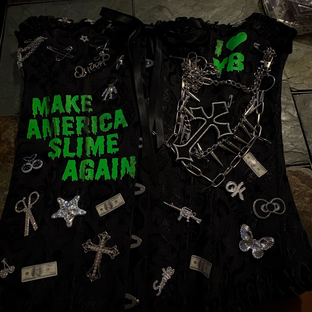 Black corset with Green letters and Silver Accents